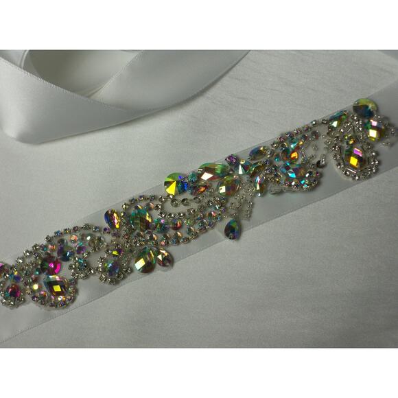 White AB Rhinestone Crystal Appliqued Bridal Wedding Prom Party Formal Sash Belt - Picture 2 of 5